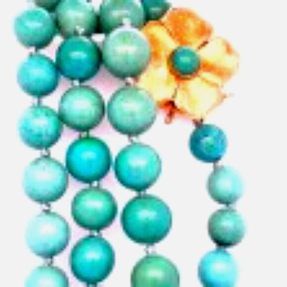 14K Turquoise 32" Gorgeous Brushed Gold Flower Necklace